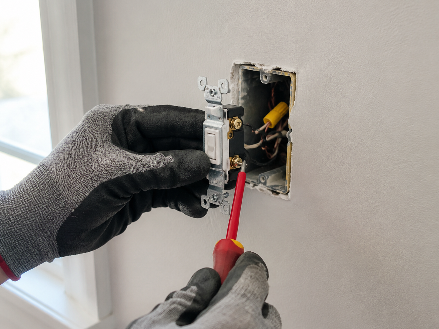 Hands installing a household light switch cover