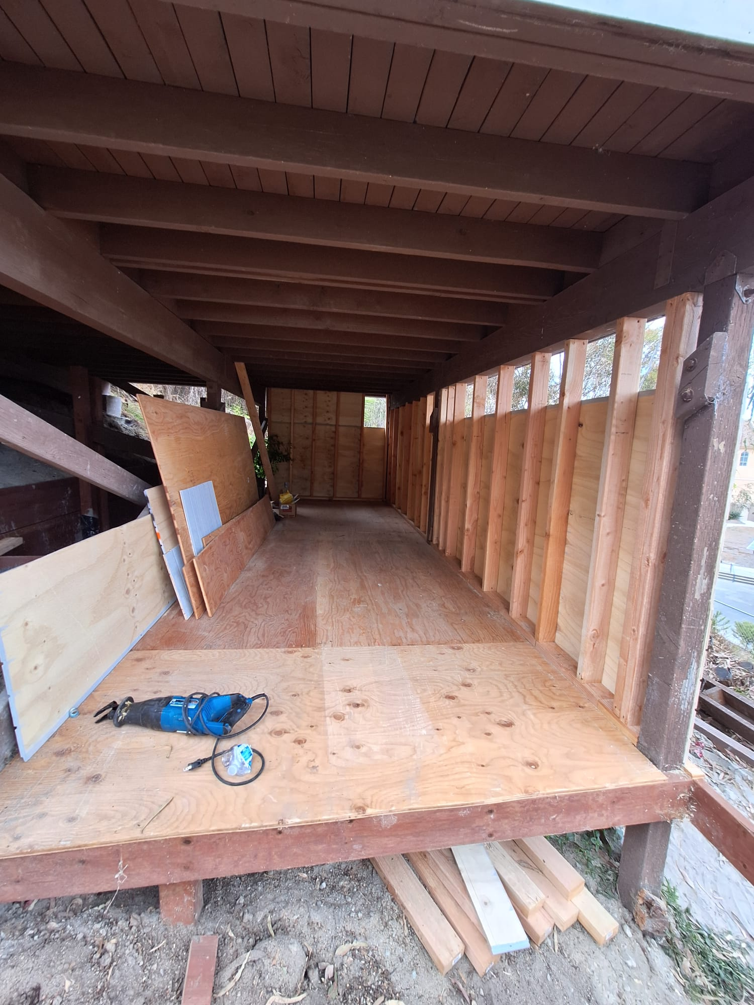Interior view of wall framing under the structure