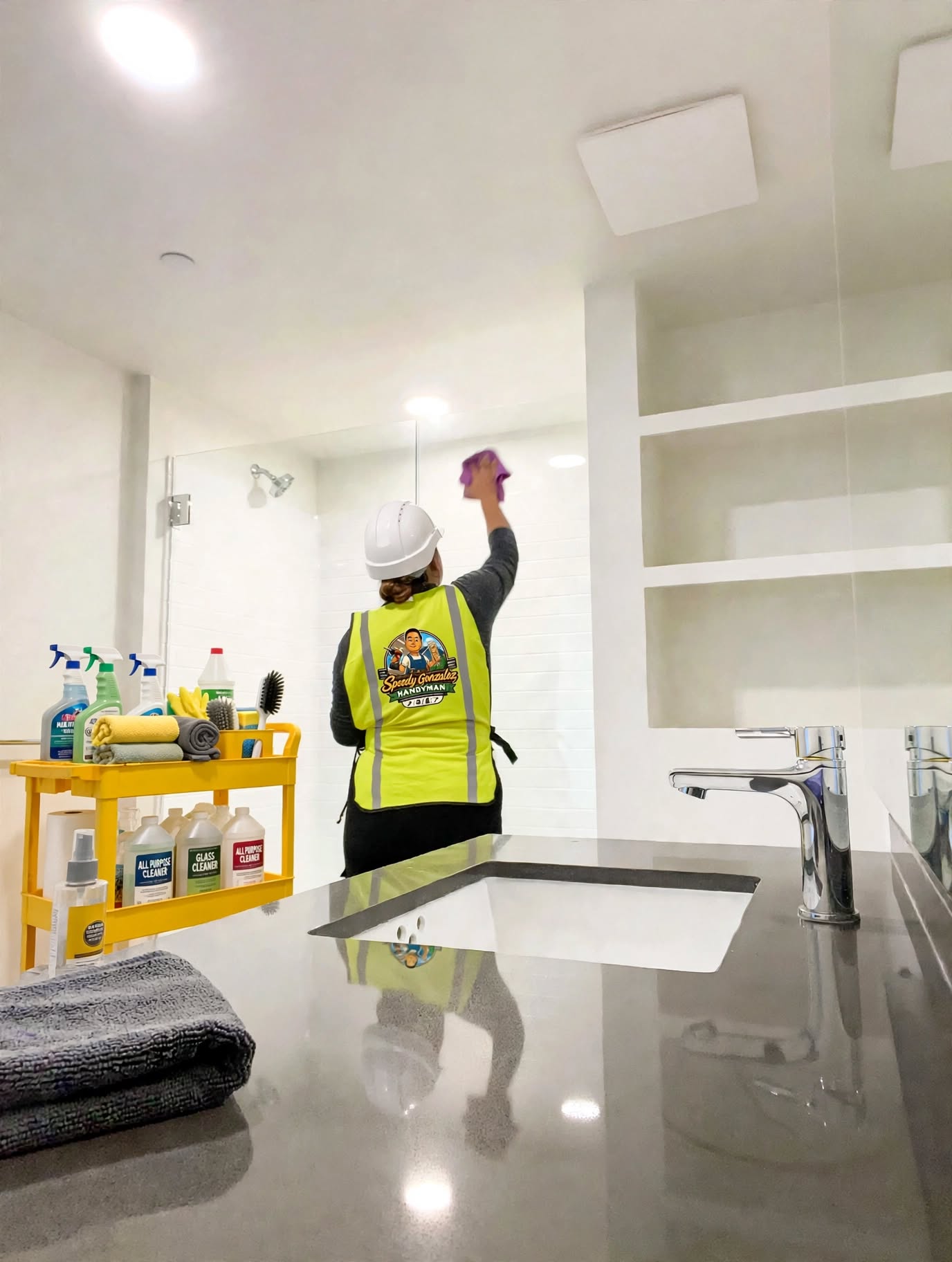 Uniformed Speedy Gonzalez Handyman team member cleaning a bright bathroom